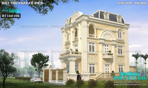 Mẫu thiết kế biệt thự cổ điển Pháp ở Hà Nội đẹp ở Gia Lâm (Màu vàng nude Hoàng gia)