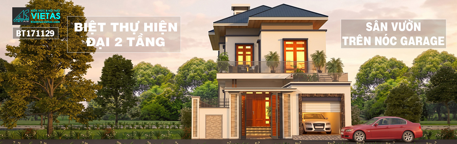 Mẫu thiết kế biệt thự nhà vườn 2 tầng có sân vườn trên nóc garage 