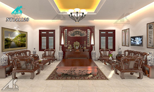 Bản vẽ thiết kế nội thất biệt thự 1 tầng truyền thống Việt Nam ở Vĩnh Phúc NT141123