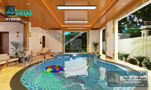 Thiết kế nội thất biệt thự vườn 1 tầng mái ngói có bể bơi và sân vườn trên mái
